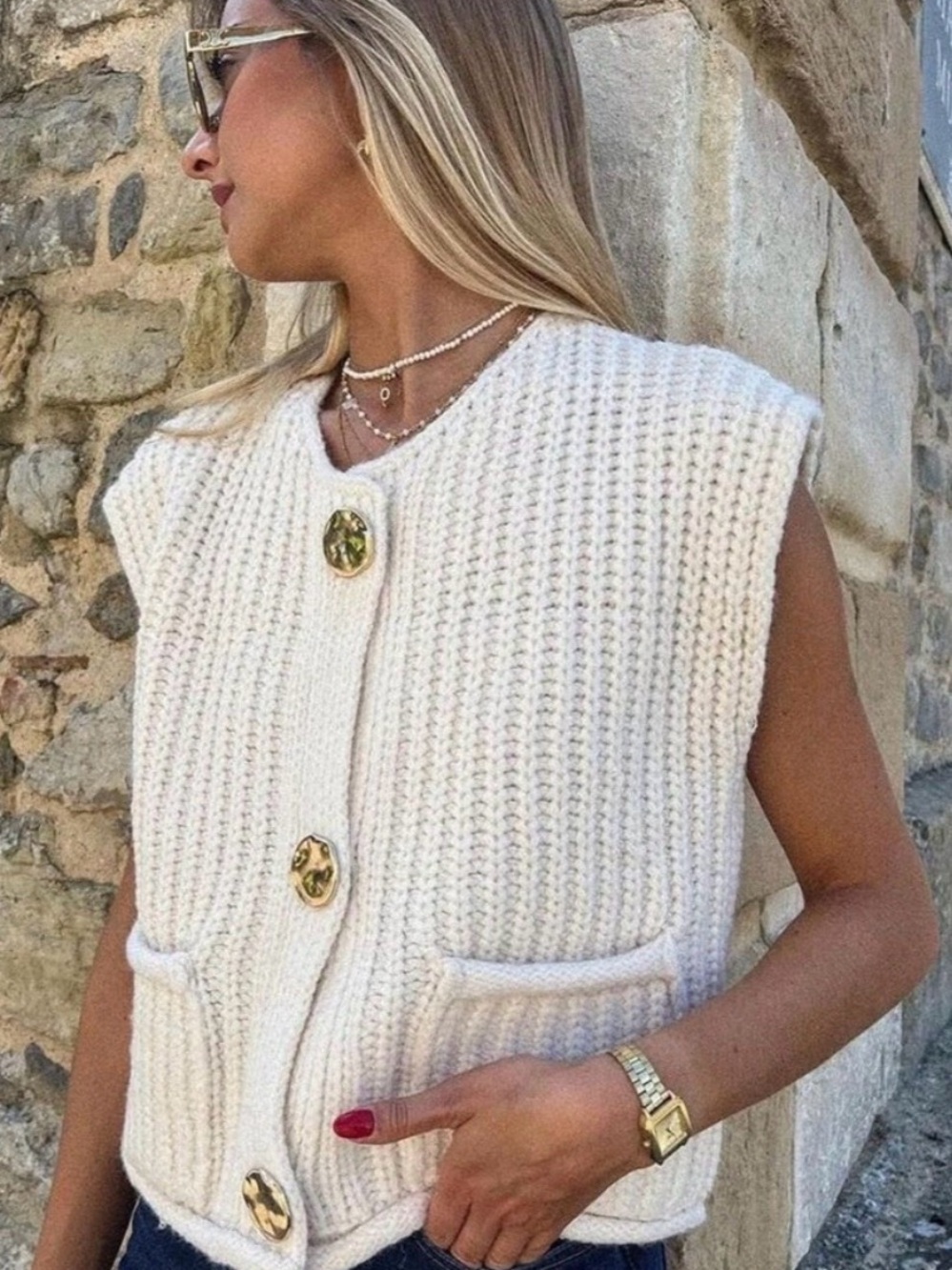 Chunky Open Knit Sweater Vest Cream Ivory Button Front Cropped Cardigan small